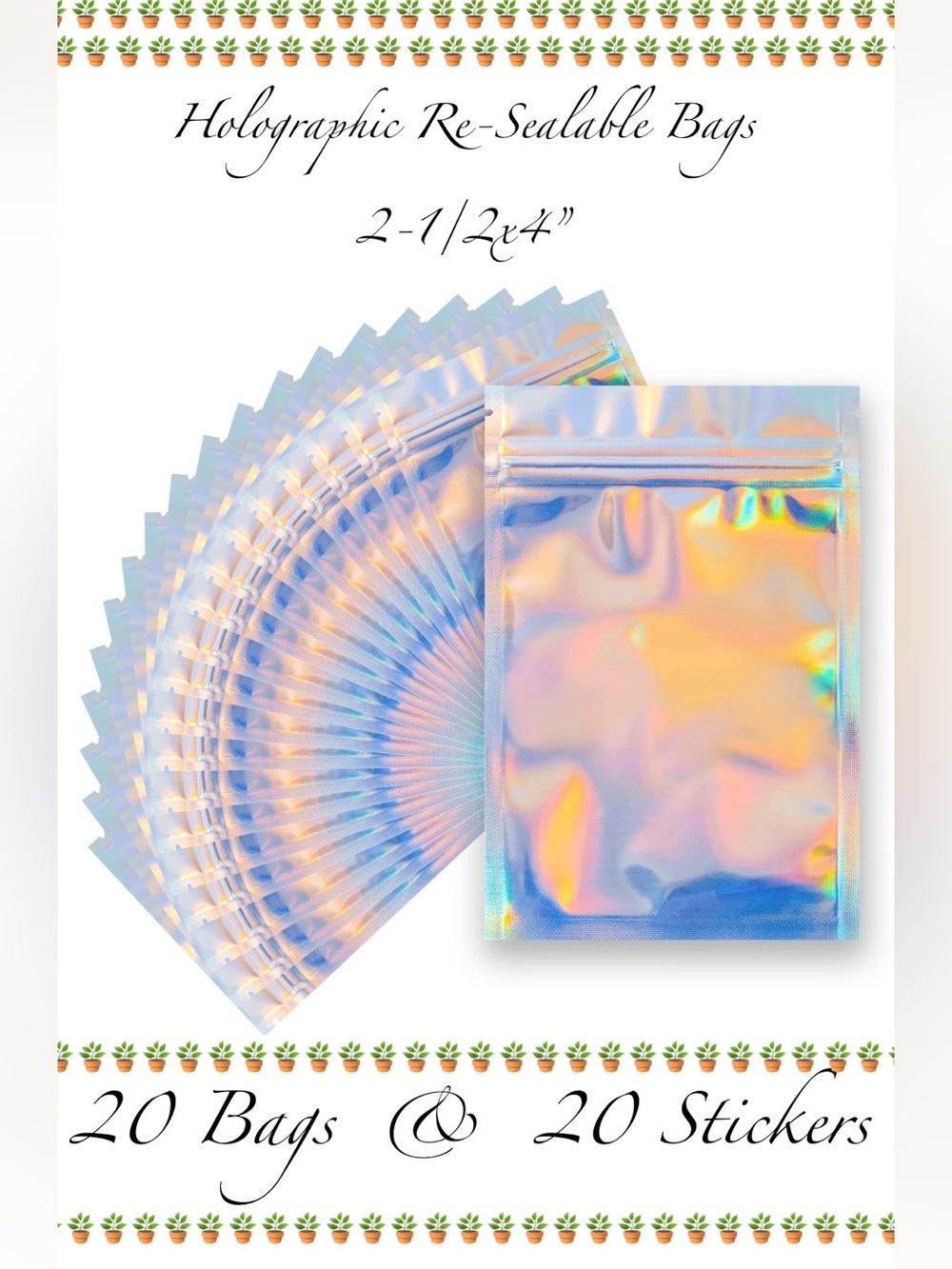 Holographic Re-Sealable Bags 2-1/2x4” 20ct~NEW~W/20ct Free Thank you stickers